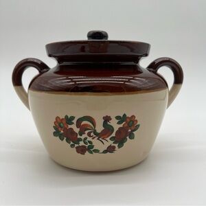 McCoy Ceramic Bean Pot Crock Cookie Jar Rooster Floral Design Farmhouse Vintage